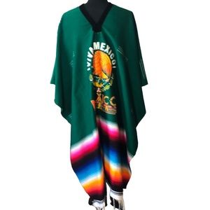 Mexican Serape Woven Fringe Poncho with VIVA Mexico Logo Motif One Size Unisex